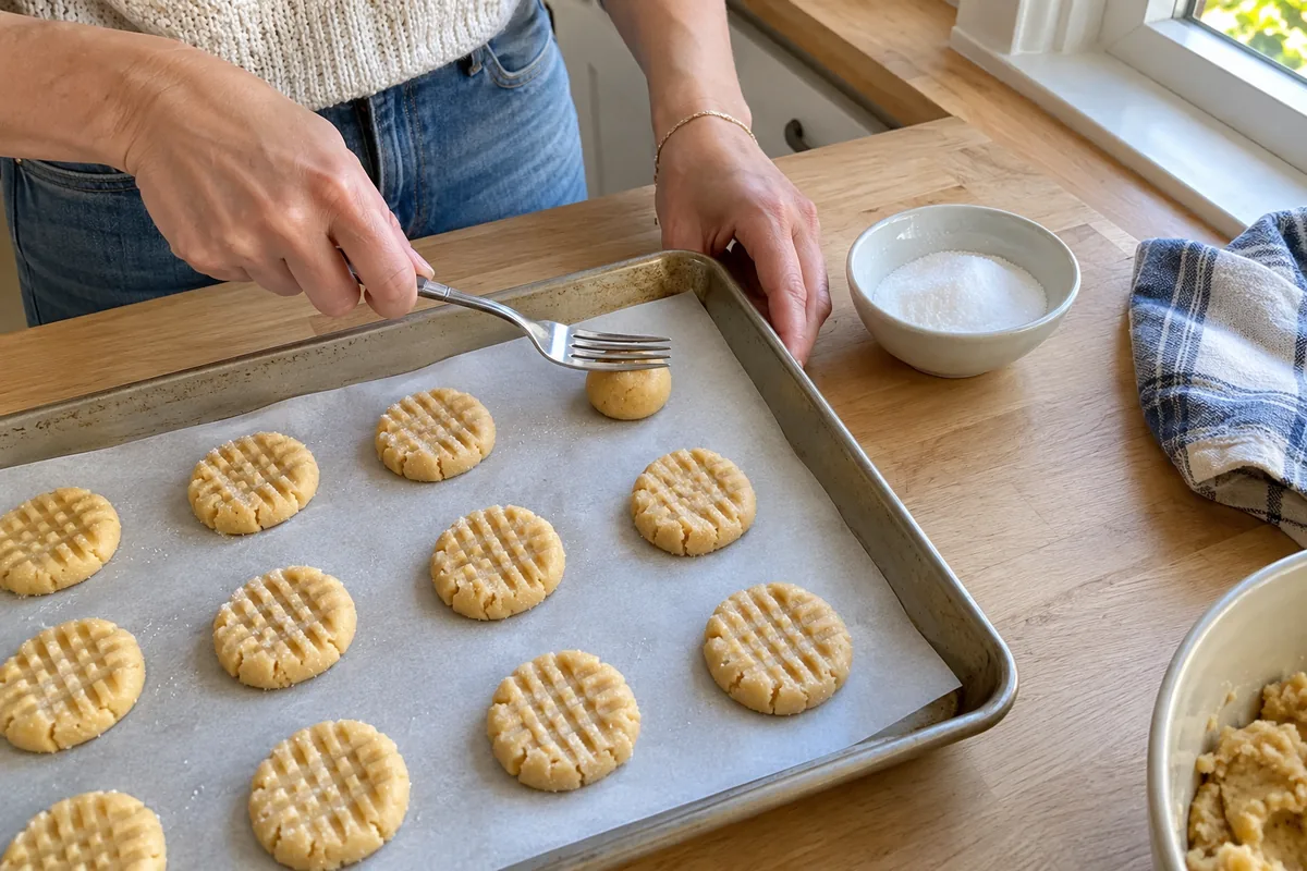 Hands pressing a fork onto balls of butter cookie dough on a parchment-lined baking sheet
