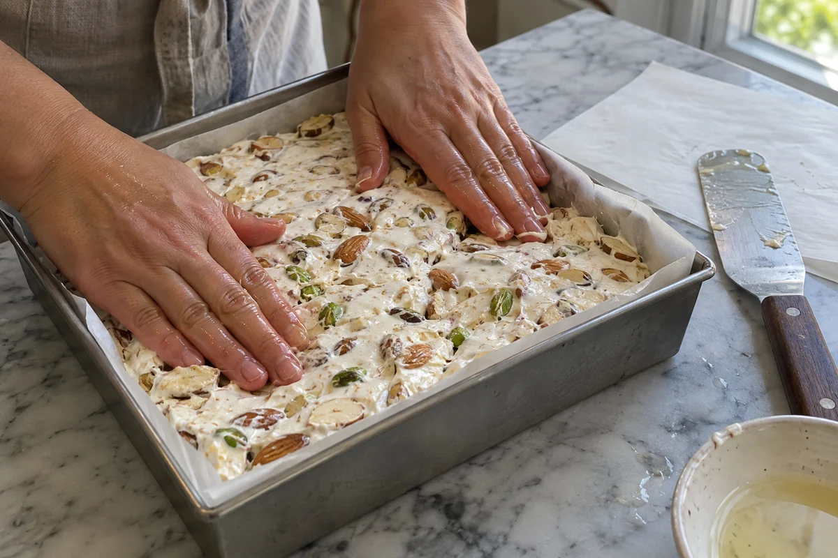 Hands pressing warm torrone nougat into a square pan lined with edible wafer paper