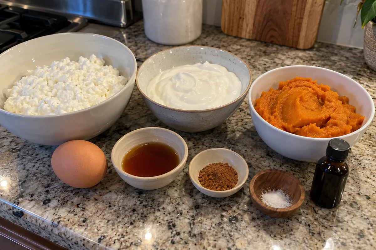 Ingredients for cottage cheese pumpkin cheesecake in plain unlabeled bowls: cottage cheese, Greek yogurt, pumpkin puree, egg, sweetener and pumpkin spice