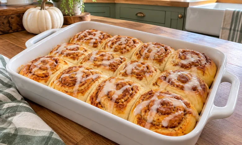 Pumpkin cream cheese crescent rolls with cream cheese glaze in a baking dish