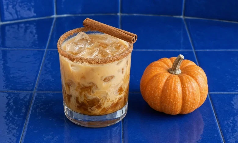 Pumpkin spice white russian over ice in a rocks glass with a cinnamon sugar rim and cinnamon stick next to a mini pumpkin