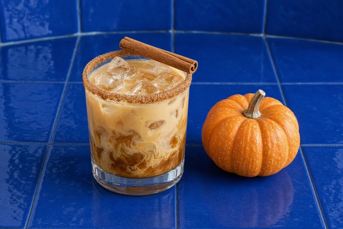 Pumpkin spice white russian over ice in a rocks glass with a cinnamon sugar rim and cinnamon stick next to a mini pumpkin