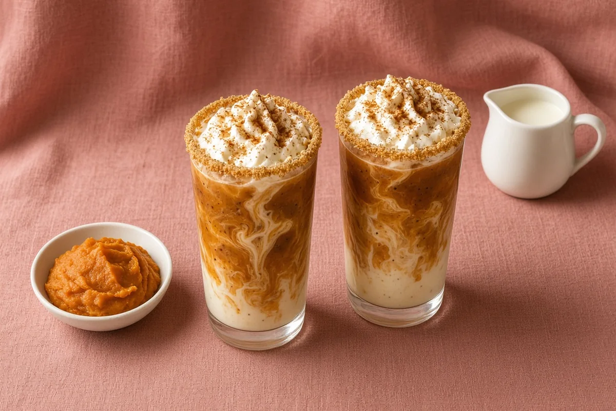 Two tall glasses of pumpkin spice white russian with whipped cream and graham crumb rims beside pumpkin puree and cream