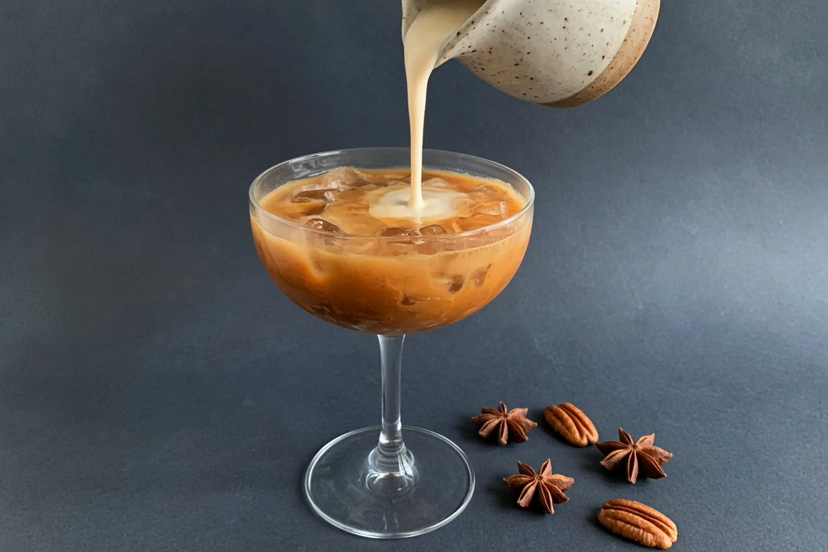 Cream being poured into a coupe glass of pumpkin spice white russian with star anise and pecans