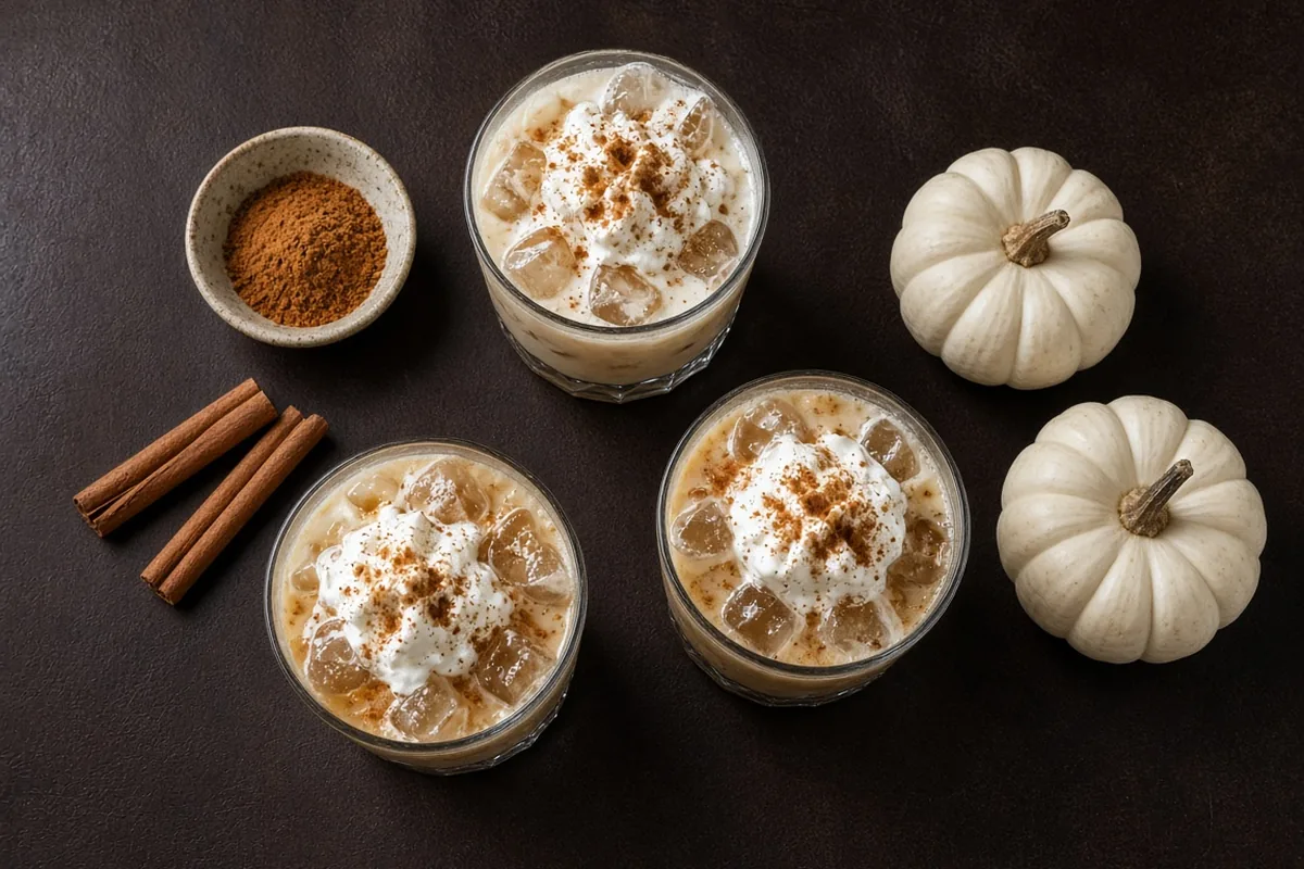 Overhead view of three pumpkin spice white russian cocktails with whipped cream, cinnamon sticks and white pumpkins