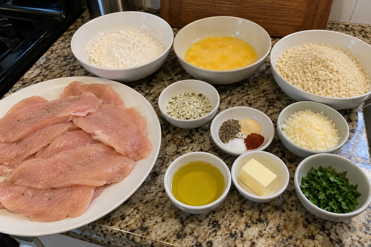 Ingredients for crispy ranch chicken cutlets in plain unlabeled bowls: chicken, flour, eggs, panko, Parmesan, ranch seasoning and spices