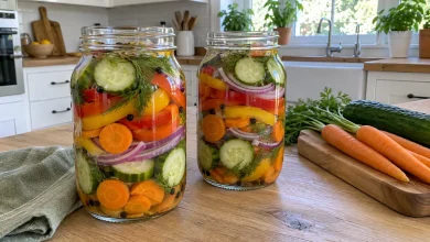 Refrigerator pickled vegetables in two glass mason jars with layers of sliced cucumbers, carrots, bell pepper and red onion on a wooden table