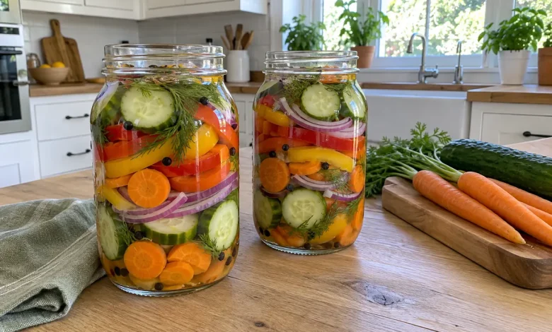 Refrigerator pickled vegetables in two glass mason jars with layers of sliced cucumbers, carrots, bell pepper and red onion on a wooden table
