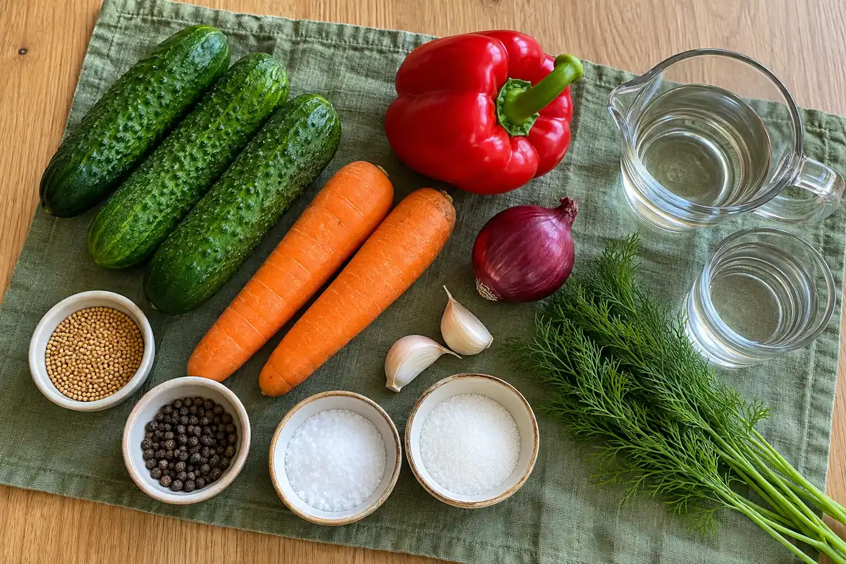 Ingredients for refrigerator pickled vegetables: cucumbers, carrots, bell pepper, red onion, garlic, mustard seed, peppercorns, salt, sugar, vinegar and water