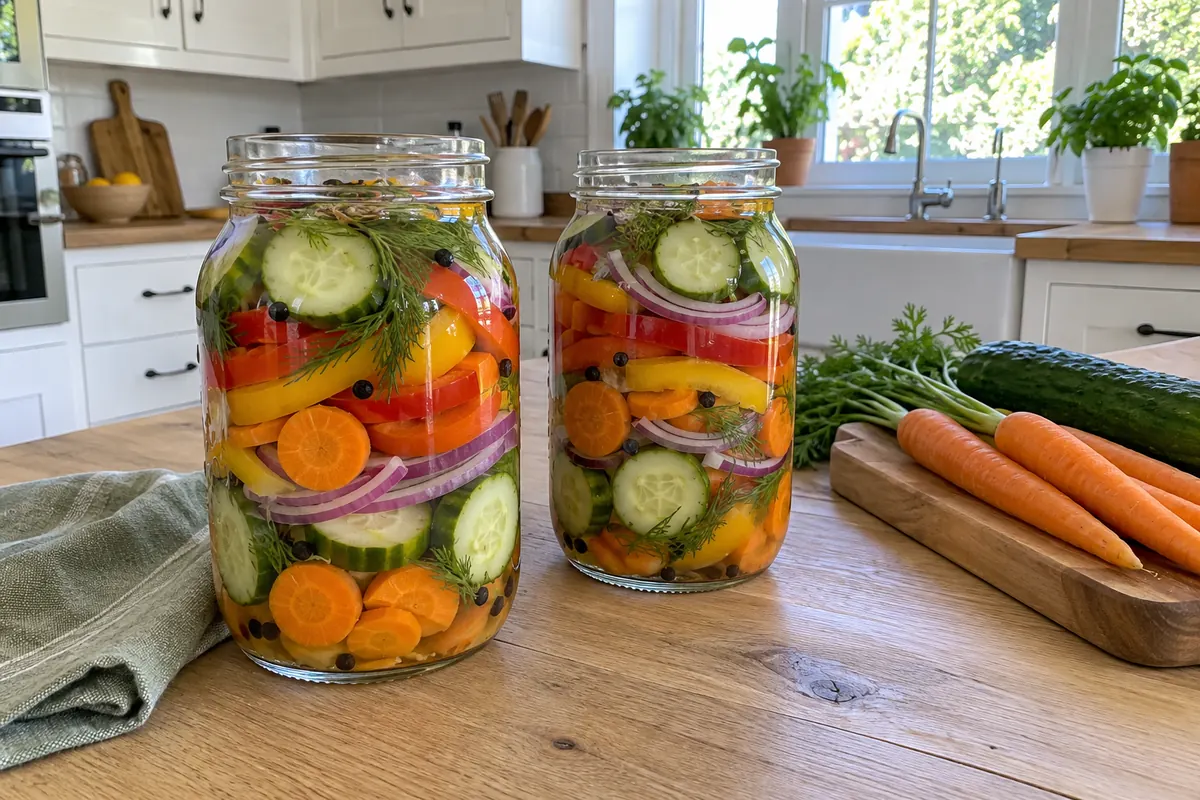 Refrigerator pickled vegetables in two glass mason jars with layers of sliced cucumbers, carrots, bell pepper and red onion on a wooden table