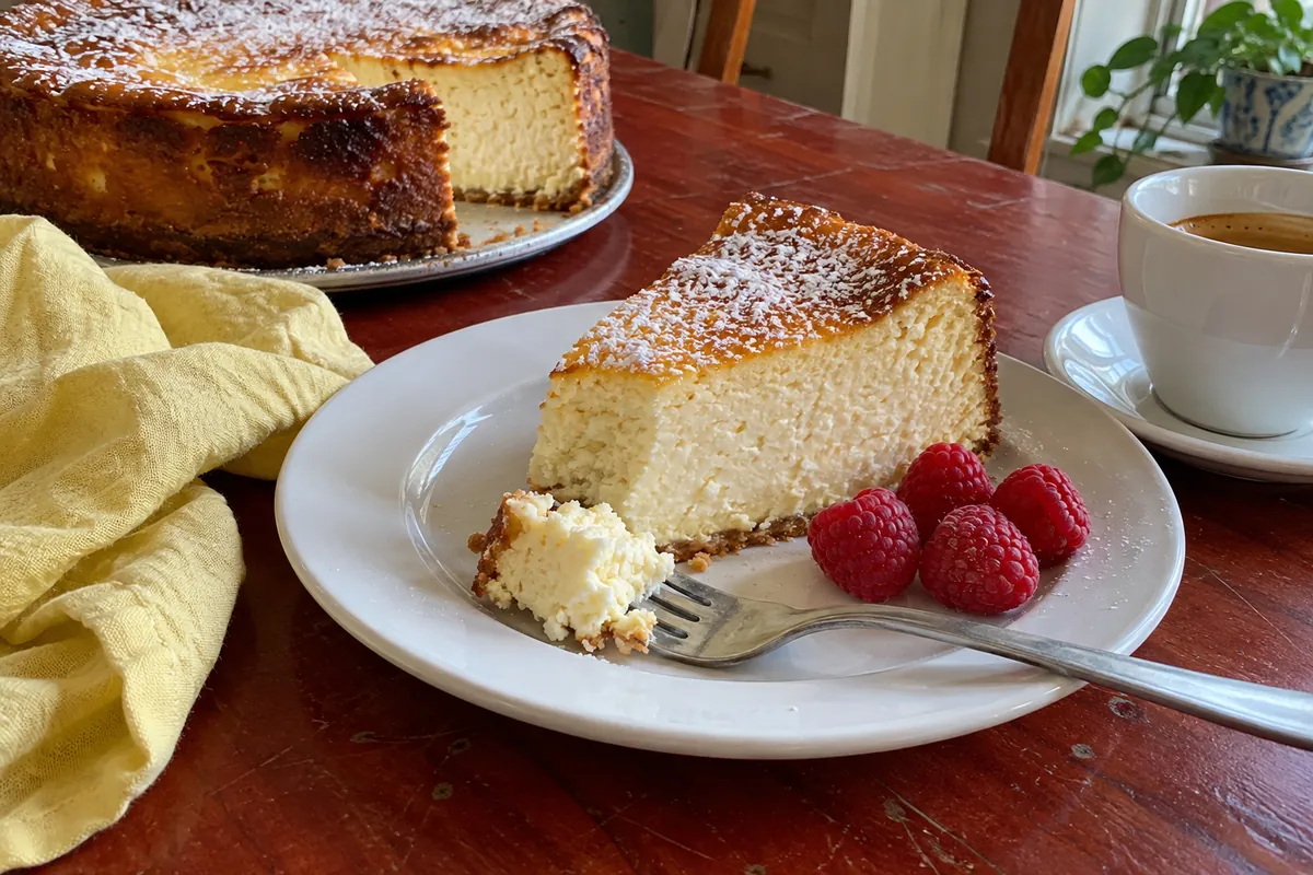 A slice of Italian ricotta cheesecake showing a soft creamy lemon filling and golden edges