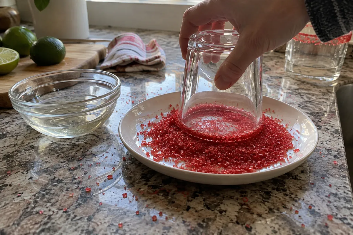 Rim of a glass being dipped in red sugar crystals on a shallow plate