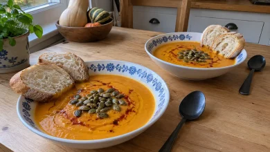Bowl of roasted butternut squash soup with olive oil, smoked paprika, pumpkin seeds and crusty bread on a wood table