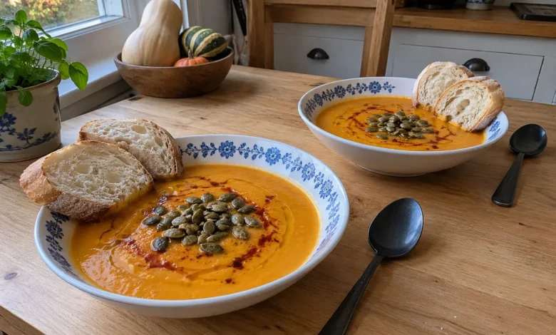 Bowl of roasted butternut squash soup with olive oil, smoked paprika, pumpkin seeds and crusty bread on a wood table