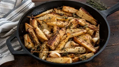 Peeled sliced thistle roots roasting in a cast-iron skillet with olive oil, garlic and thyme