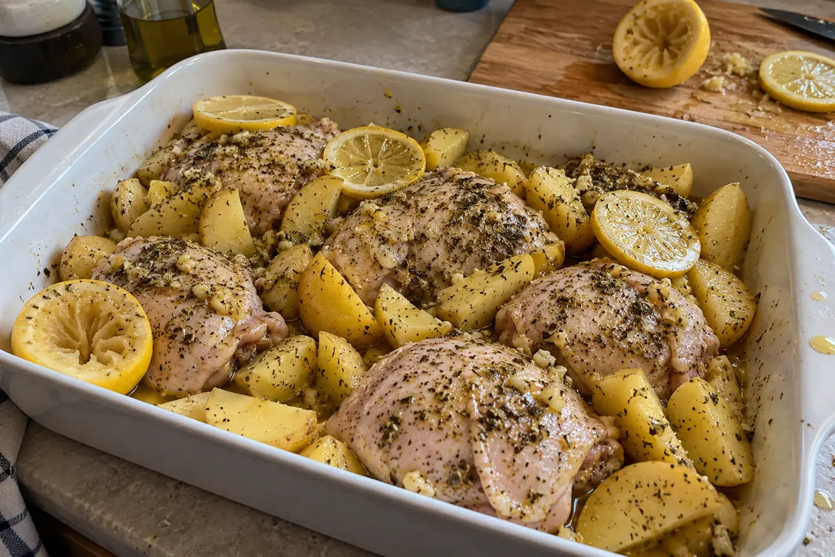 Raw chicken thighs and potato wedges seasoned with oregano, garlic and lemon in a baking dish before roasting