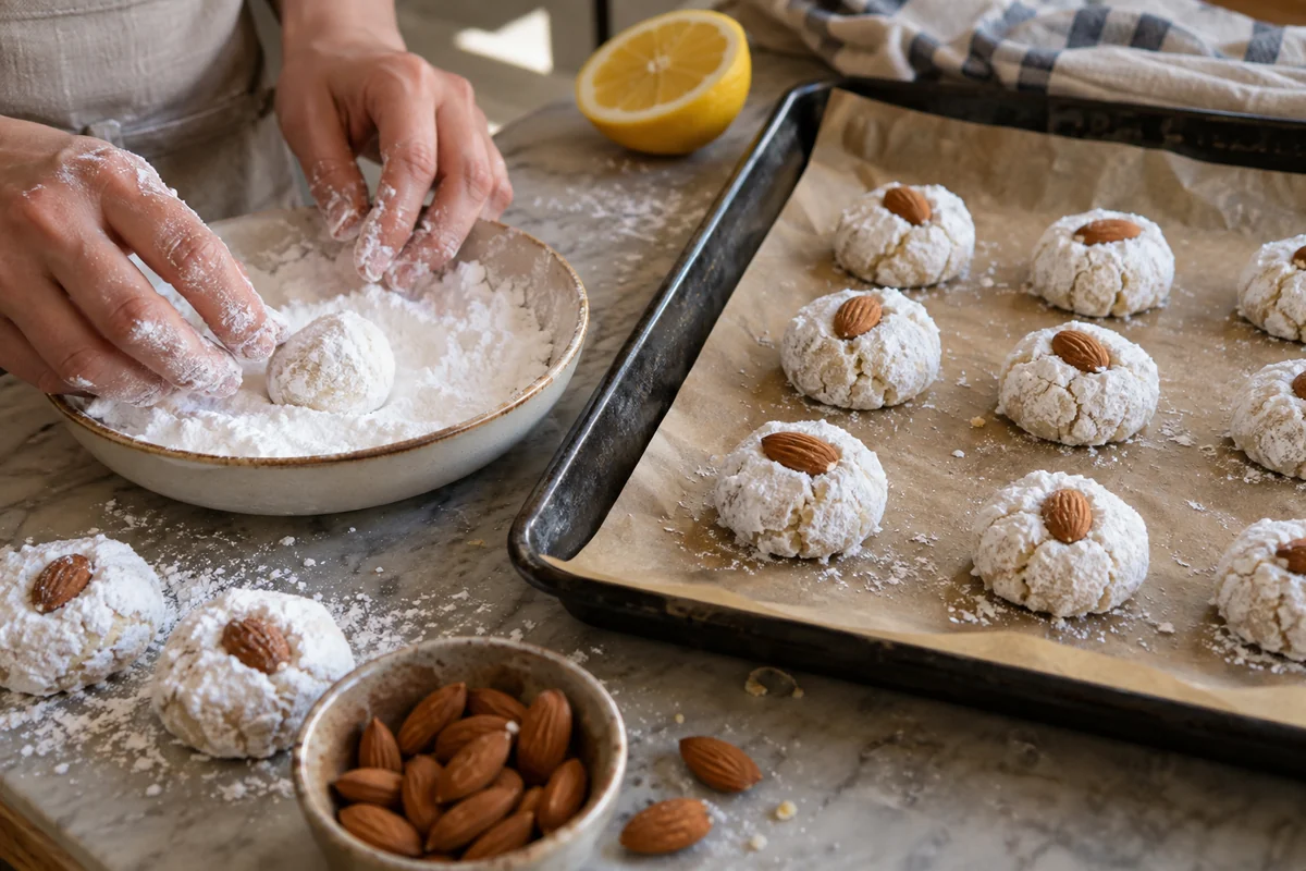 Tray of lemon almond cookie dough balls rolled in powdered sugar with an almond pressed into each, ready to bake
