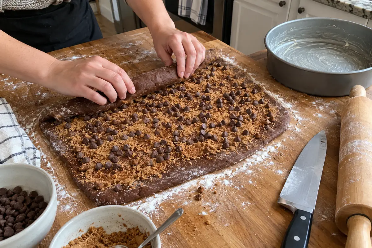 Rolling up cocoa dough filled with brown sugar, cinnamon and chocolate chips