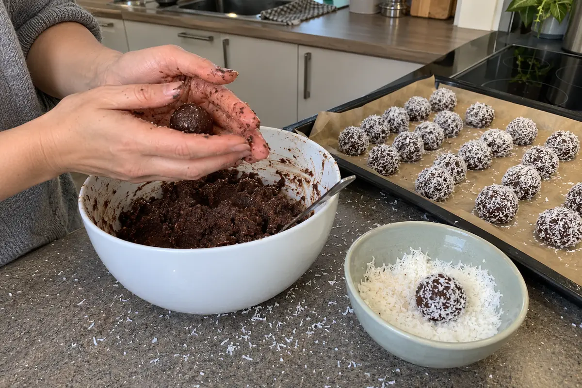 Rolling chocolate malt dough into balls and coating them in a bowl of desiccated coconut next to a tray of finished balls