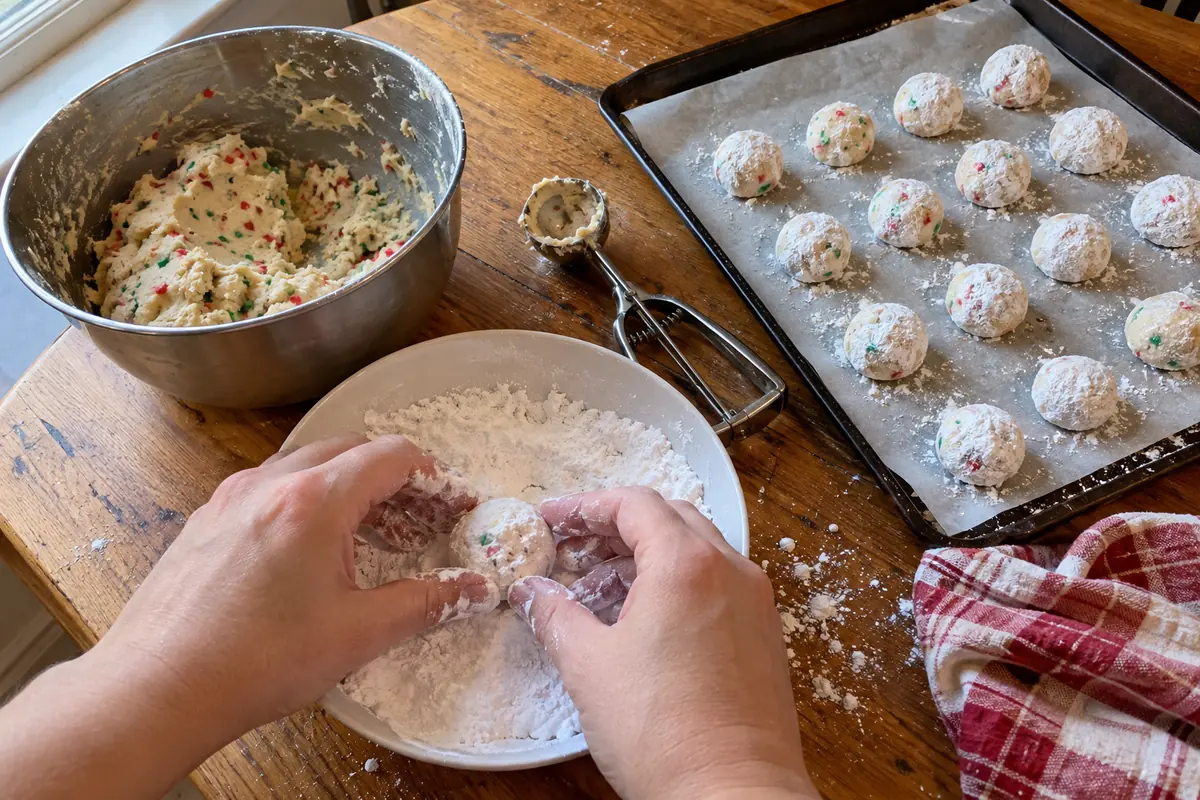 Rolling balls of sprinkle cookie dough in powdered sugar before baking Christmas gooey butter cookies