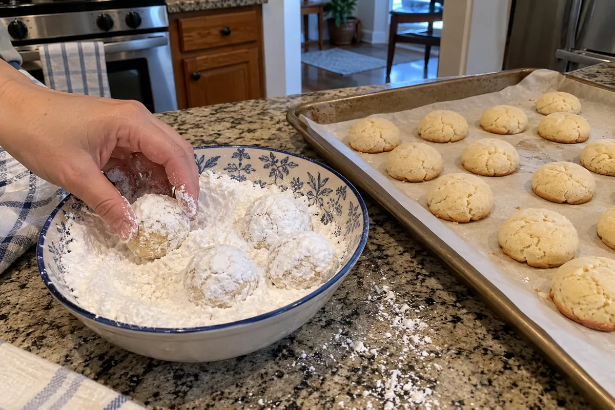 Rolling warm mexican wedding cookies in a bowl of powdered sugar next to a baking sheet of baked cookies