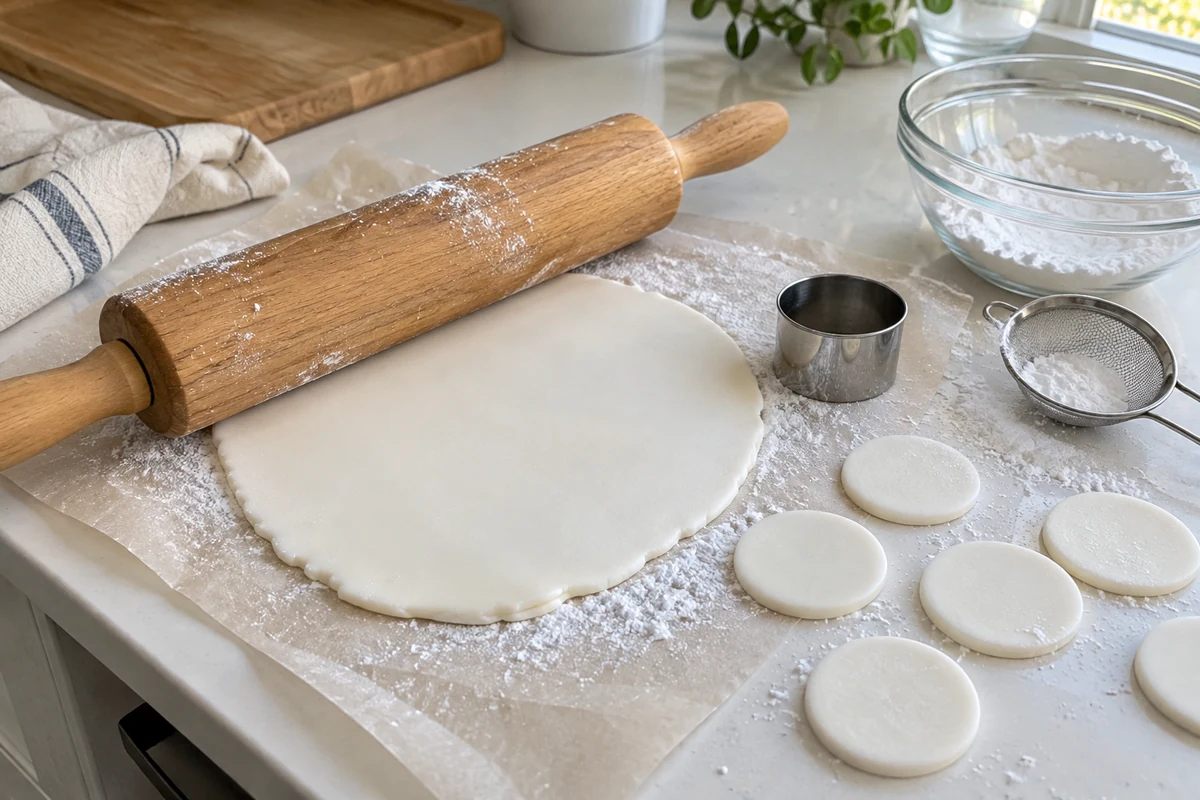 Rolling out peppermint patty dough with a rolling pin on powdered-sugar-dusted parchment and cutting rounds with a small cutter