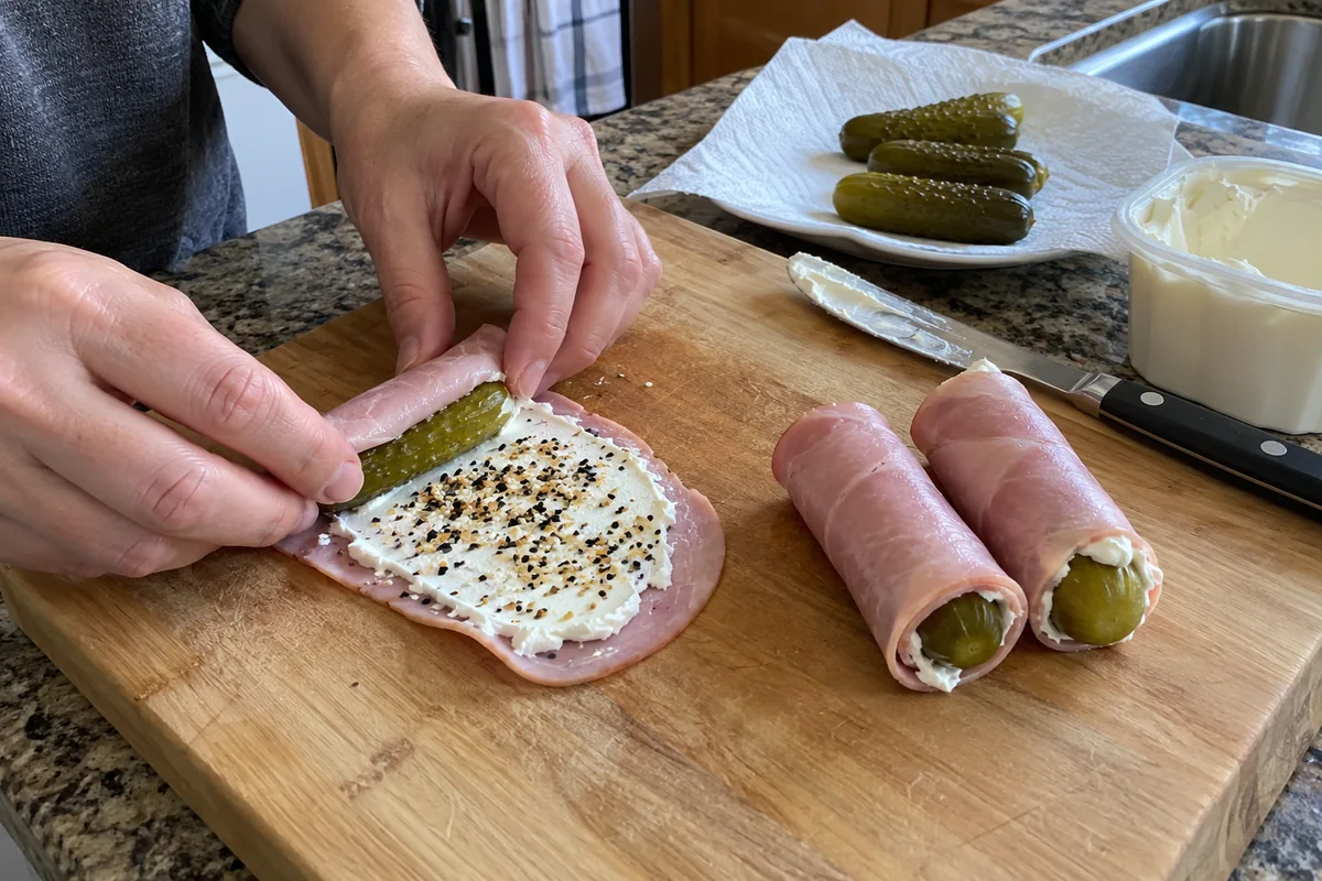 Rolling a slice of deli ham spread with cream cheese around a whole dill pickle on a cutting board