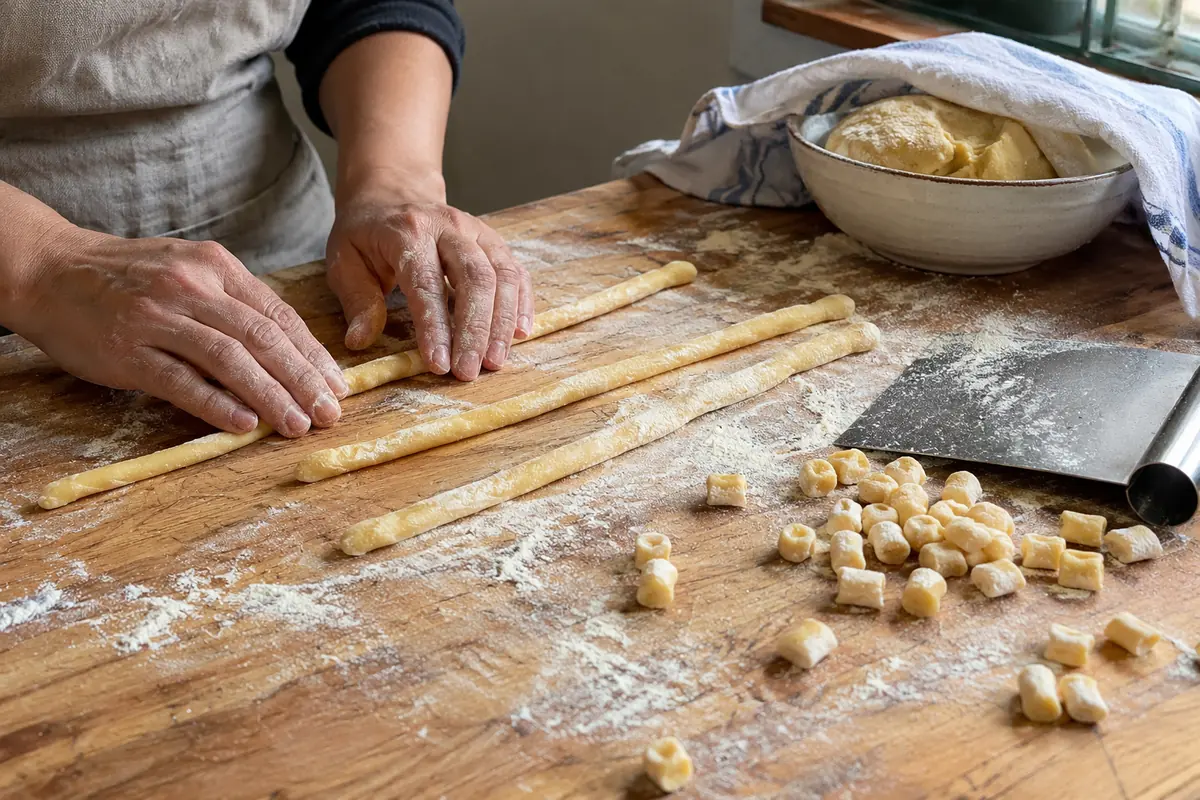 Rolling dough into ropes and cutting small pieces on a floured wooden board