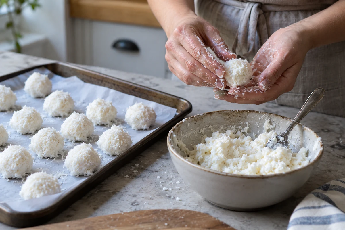 Hands rolling a thick yogurt and coconut mixture into balls on a parchment-lined tray beside a bowl of mixture