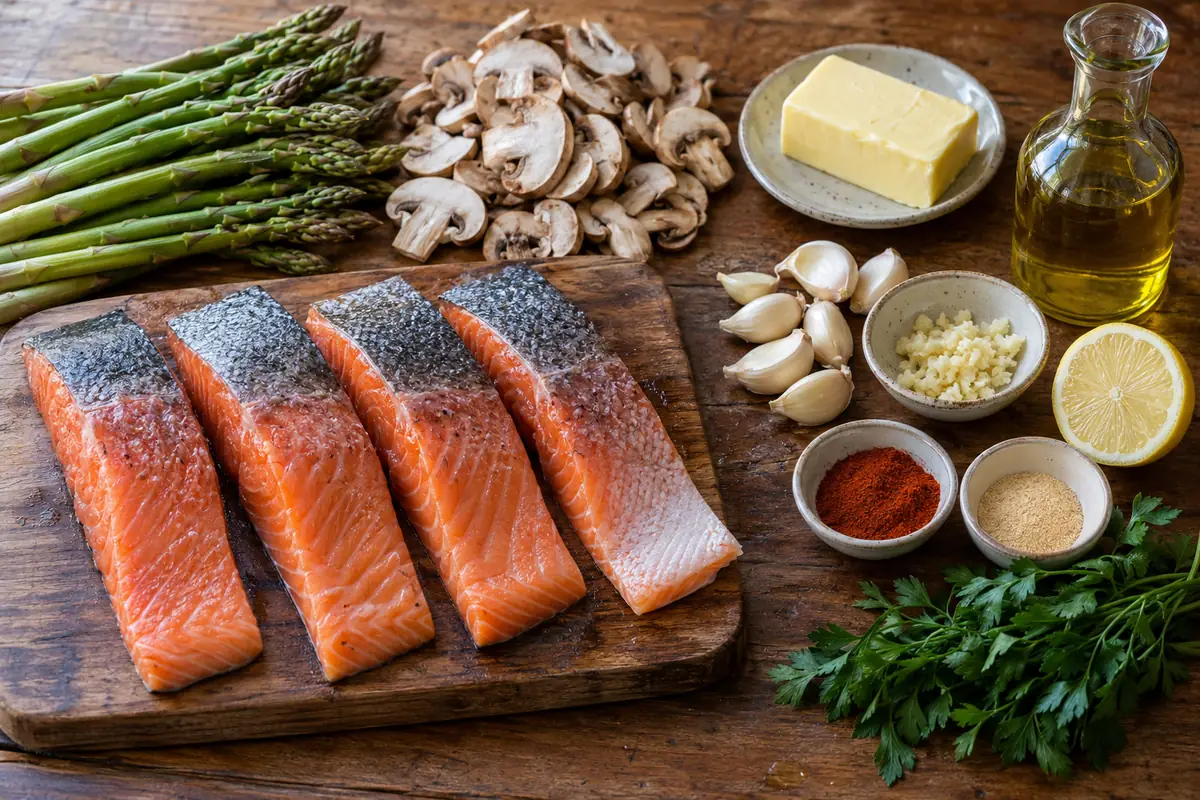 Ingredients for garlic butter salmon laid out on a table: salmon fillets, asparagus, mushrooms, butter, olive oil, garlic, lemon, paprika and parsley