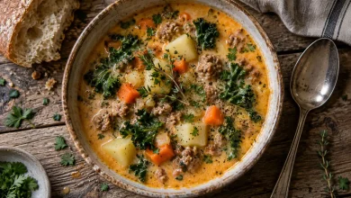Top-down view of a bowl of creamy orange-tinted sausage potato soup with Italian sausage, potatoes, carrots and greens, garnished with parsley and thyme on a rustic wood table