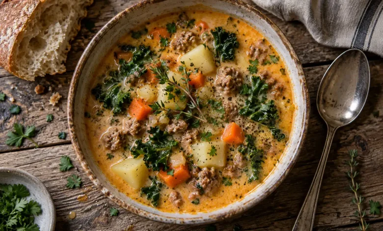 Top-down view of a bowl of creamy orange-tinted sausage potato soup with Italian sausage, potatoes, carrots and greens, garnished with parsley and thyme on a rustic wood table
