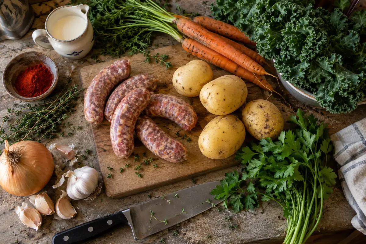 Overhead view of sausage potato soup ingredients including Italian sausage, yellow potatoes, carrots, kale, cream, paprika, thyme and parsley on a kitchen counter