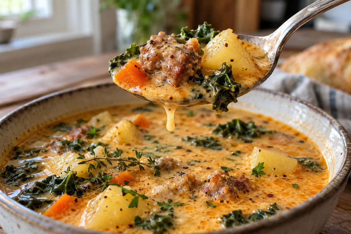 Close-up of a spoon lifting creamy sausage potato soup with a chunk of sausage, a yellow potato cube and kale above the bowl