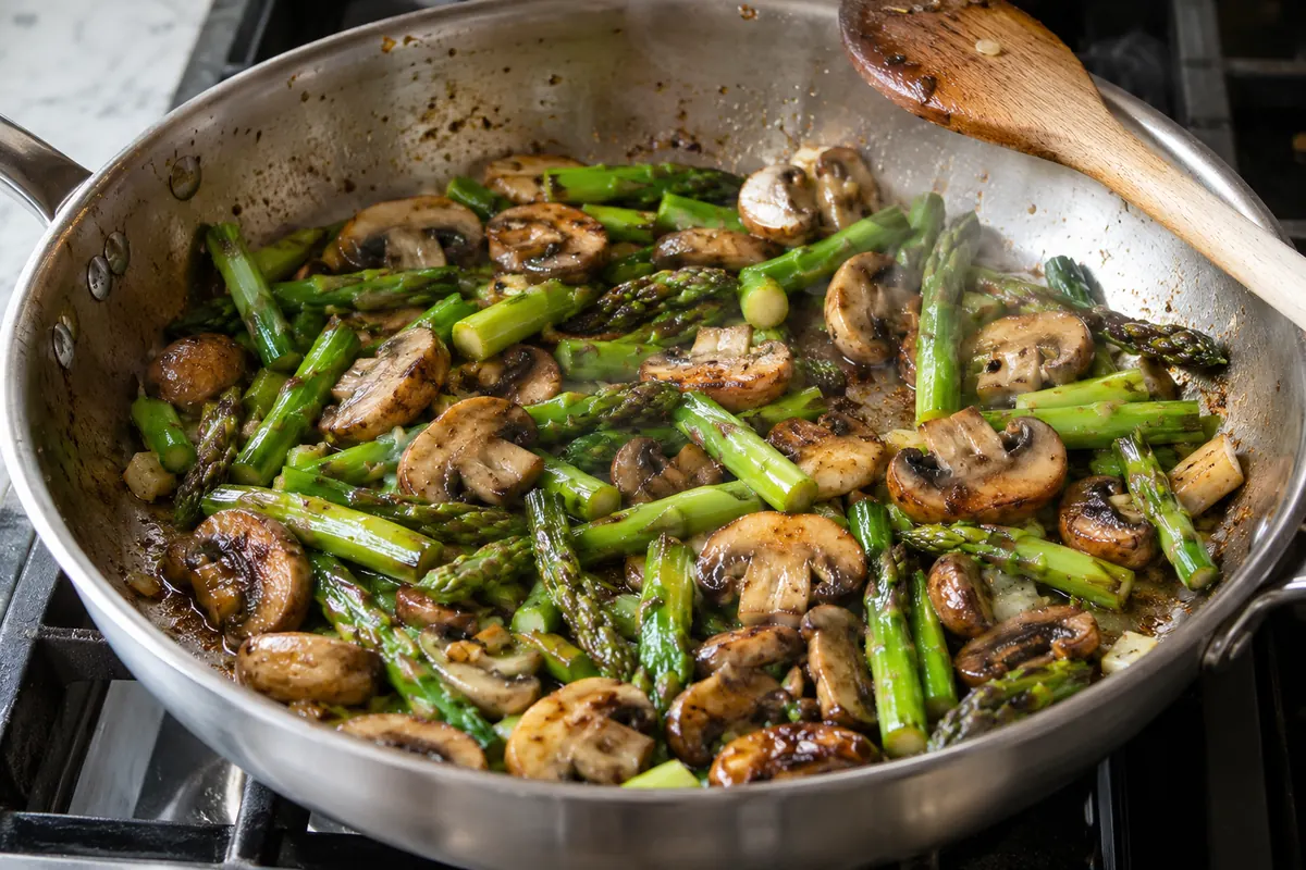 Sliced mushrooms and asparagus browning in a large skillet on the stove