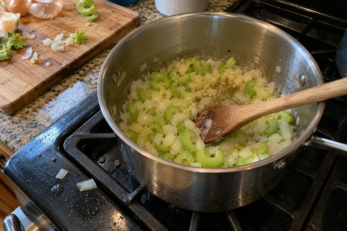 Diced onion and sliced celery sautéing in butter in a pot on the stove