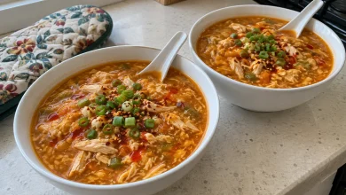 Two white bowls of thick, spicy schezwan chicken soup with shredded chicken, egg ribbons, spring onions and red chili flakes