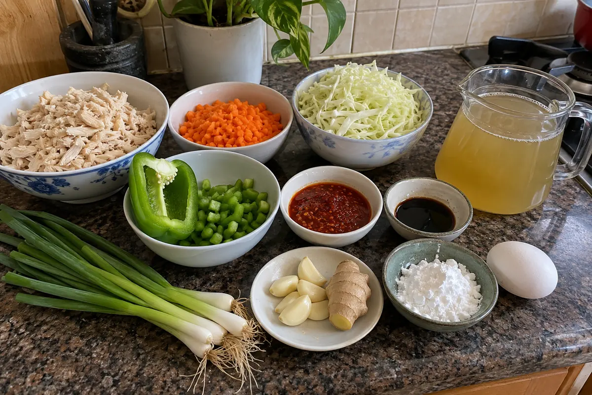Ingredients for schezwan chicken soup: shredded chicken, carrot, cabbage, green bell pepper, spring onions, garlic, ginger, Schezwan sauce, soy sauce, cornstarch, egg and broth