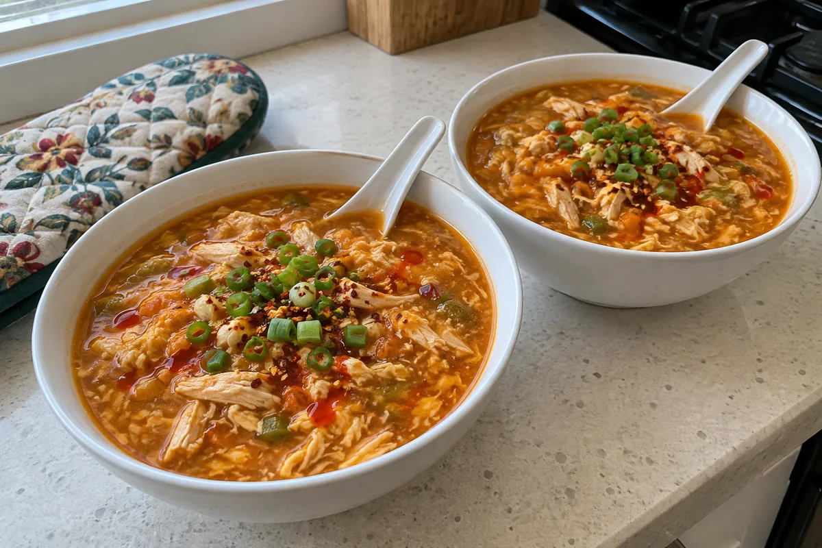 Two white bowls of thick, spicy schezwan chicken soup with shredded chicken, egg ribbons, spring onions and red chili flakes
