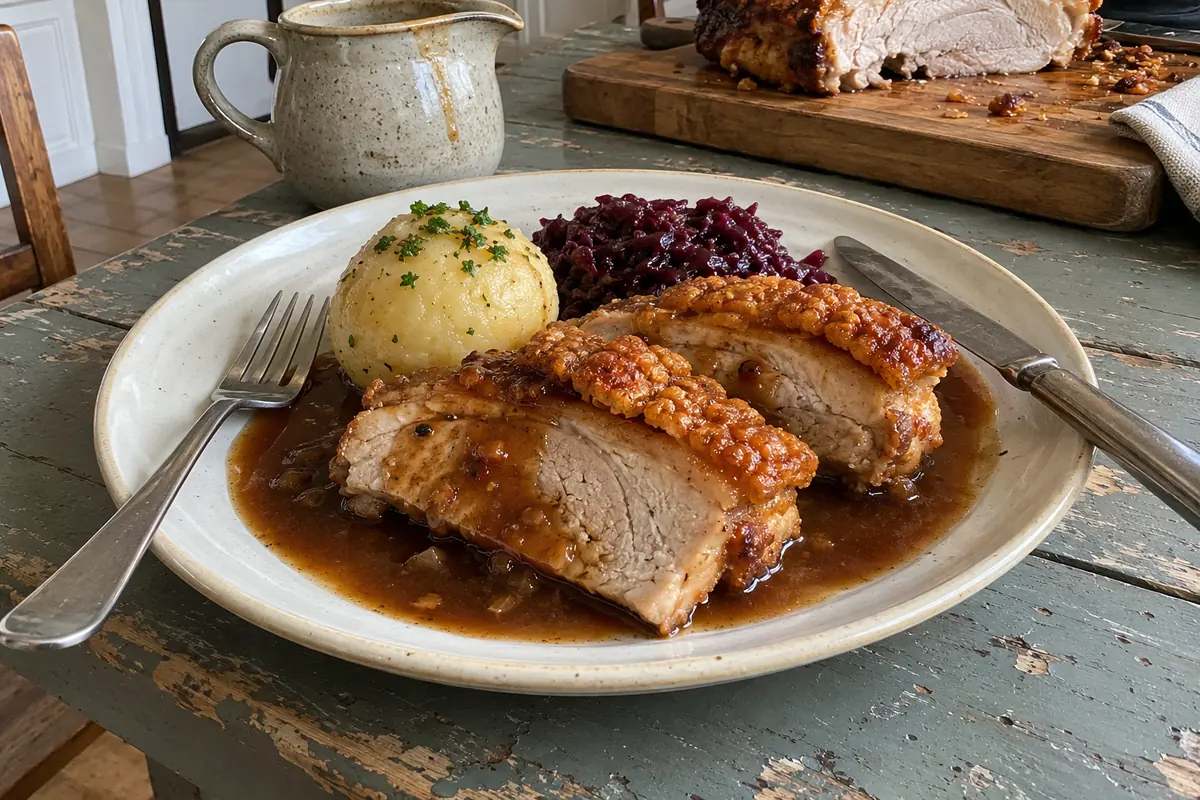A plate of Schweinebraten slices with crackling, dark beer gravy, a potato dumpling and red cabbage