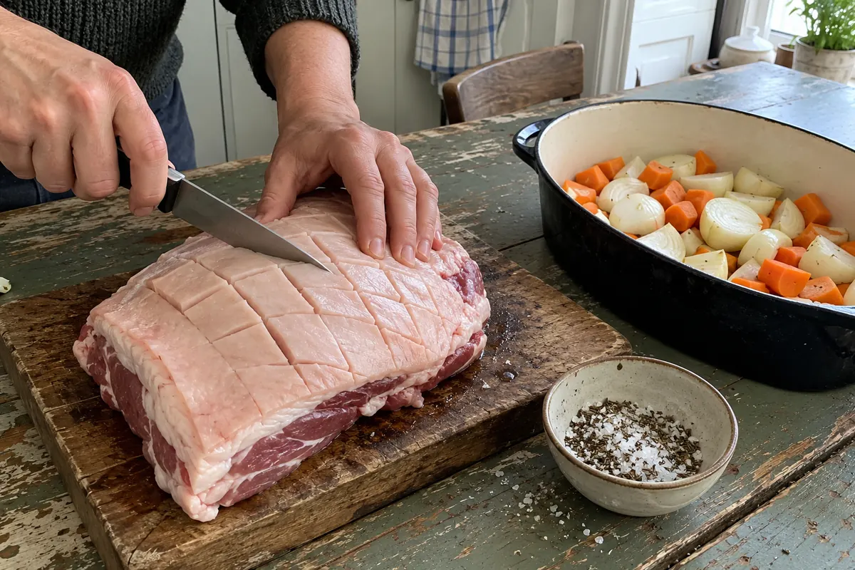 Scoring the rind of a pork shoulder with a sharp knife before roasting German Schweinebraten