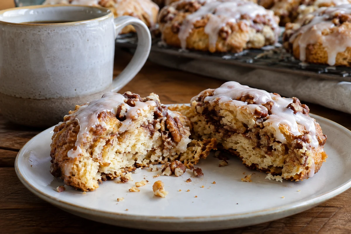 Broken-open cinnamon bun drop scone showing the brown sugar swirl next to a mug of coffee