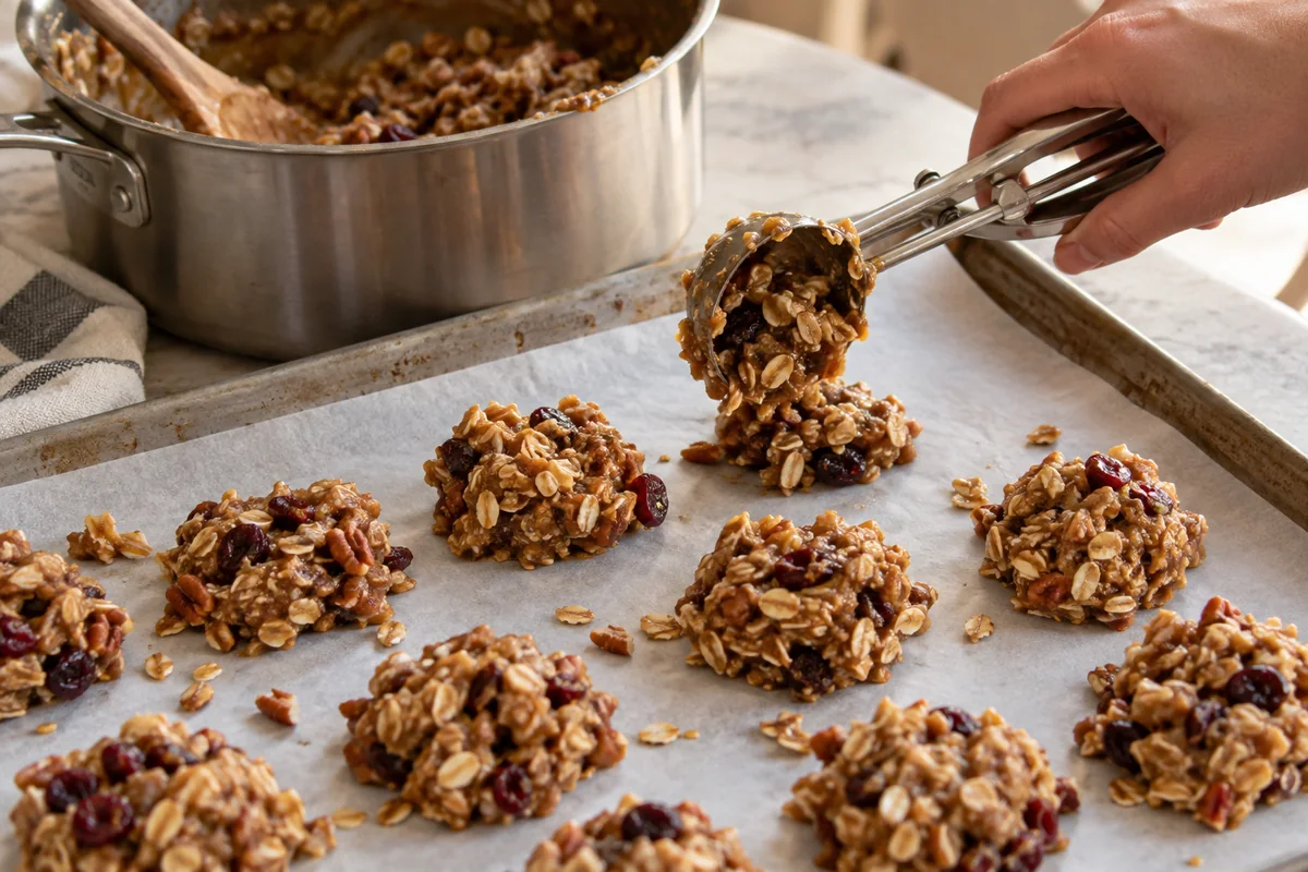 Mounds of no-bake cookie mixture with oats, pecans and cranberries scooped onto parchment paper