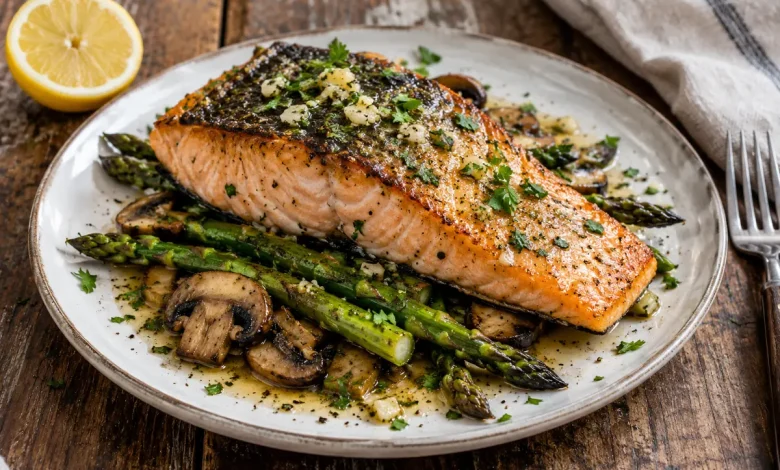Plated seared garlic butter salmon on asparagus and sliced mushrooms with glossy garlic butter and chopped parsley