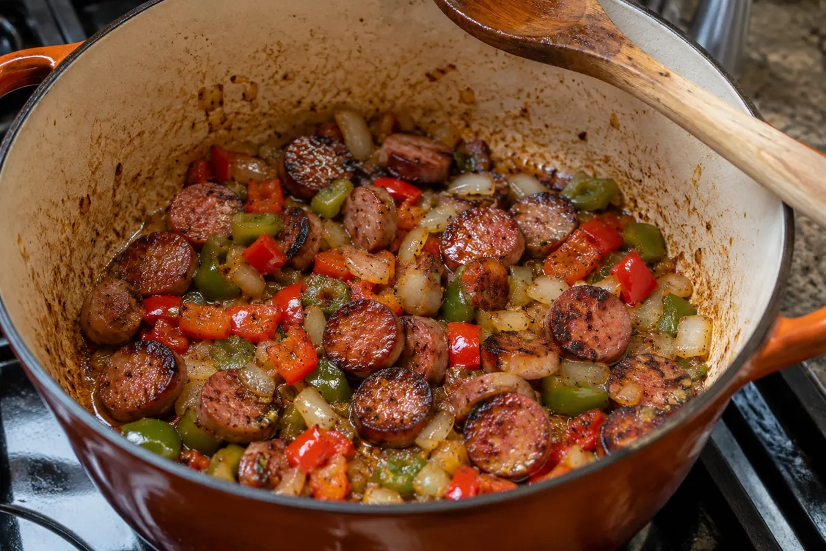 Sliced smoked sausage searing in a pot with diced bell pepper and onion