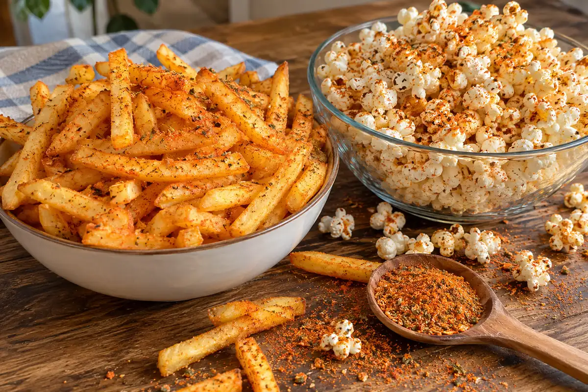 A bowl of fries and a bowl of popcorn dusted with homemade seasoning