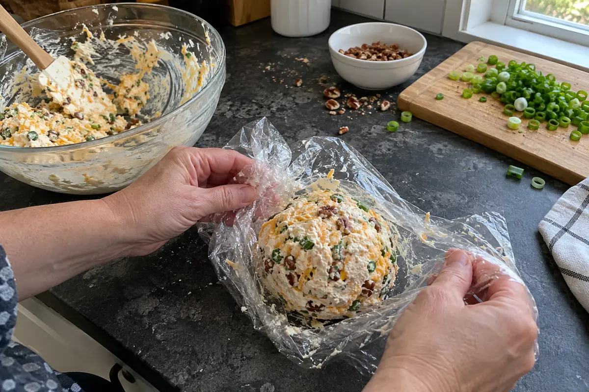 Shaping a classic cheese ball mixture into a round ball using plastic wrap