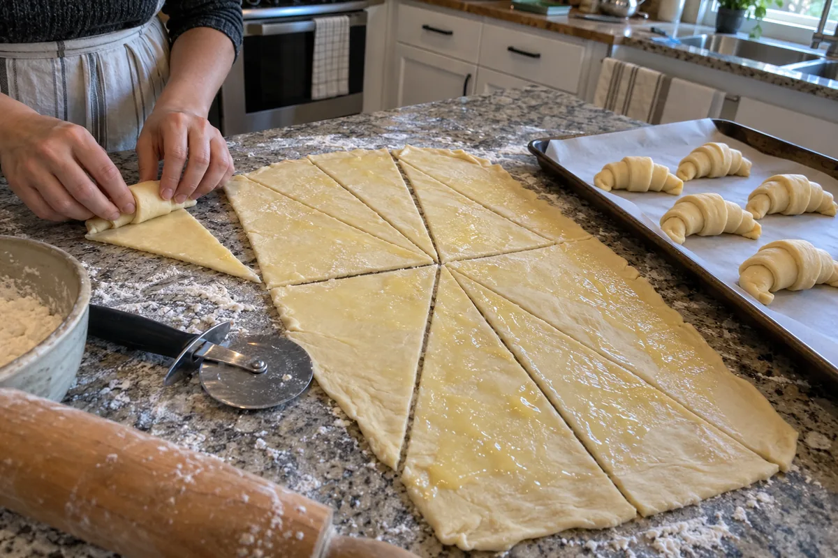 Rolling buttered dough triangles into crescents on a floured counter