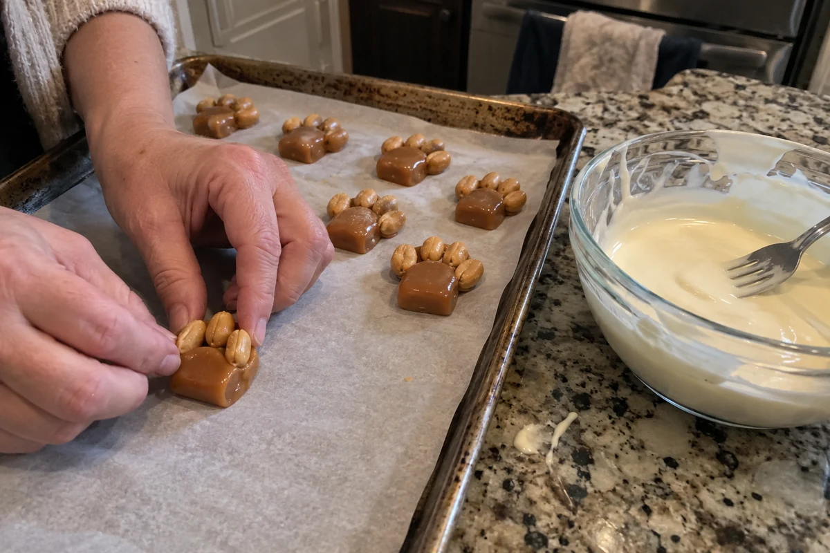 Pressing a caramel square against salted peanuts to shape a paw cluster beside a bowl of melted white chocolate