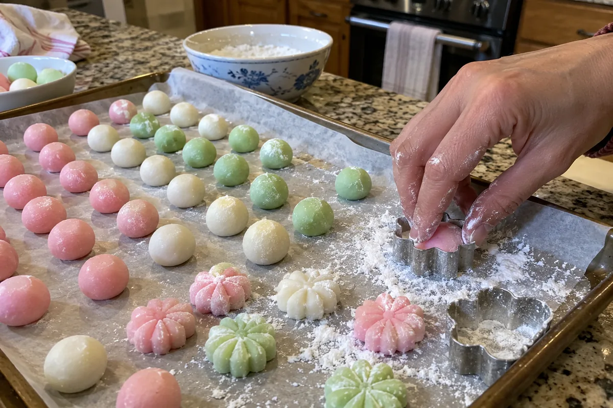Pressing tinted peppermint dough balls into flower shapes on parchment paper